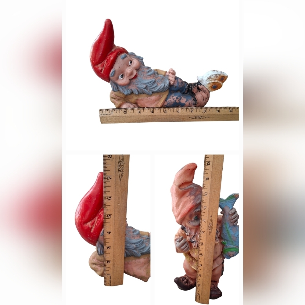 Vintage Resin Garden Gnome Statues Set of 2 Painted Weathered Look Heissner - Picture 11 of 15